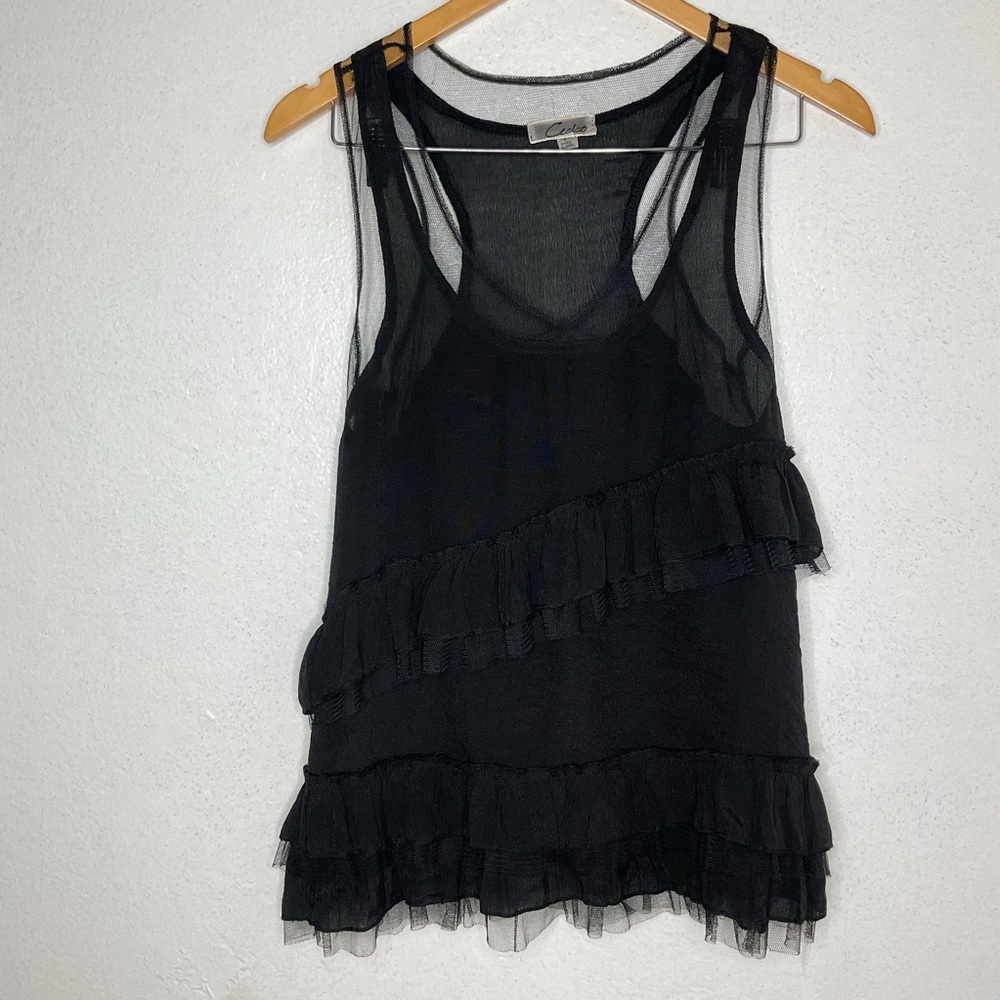 Cecico Ruffled Tulle Mesh Tank Top Black Small Gothic Edgy Racerback - Picture 2 of 8